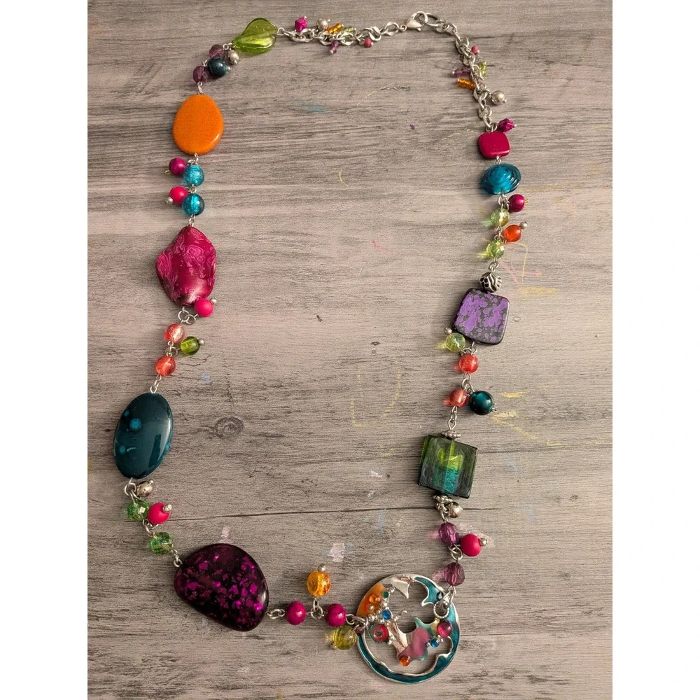 Boho Multi Color Mixed Media Bead Statement Necklace Silver Tone Enamel Pendant